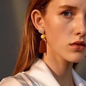 Brown & Yellow Woven Stitching Drop Earrings
